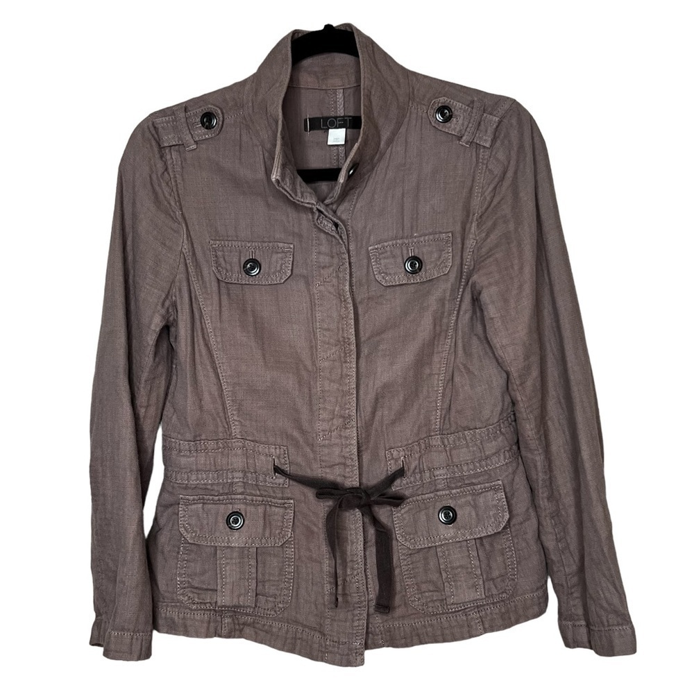 Loft Womens Petite Medium PM Military Jacket Brown Lightweight Drawstring Front